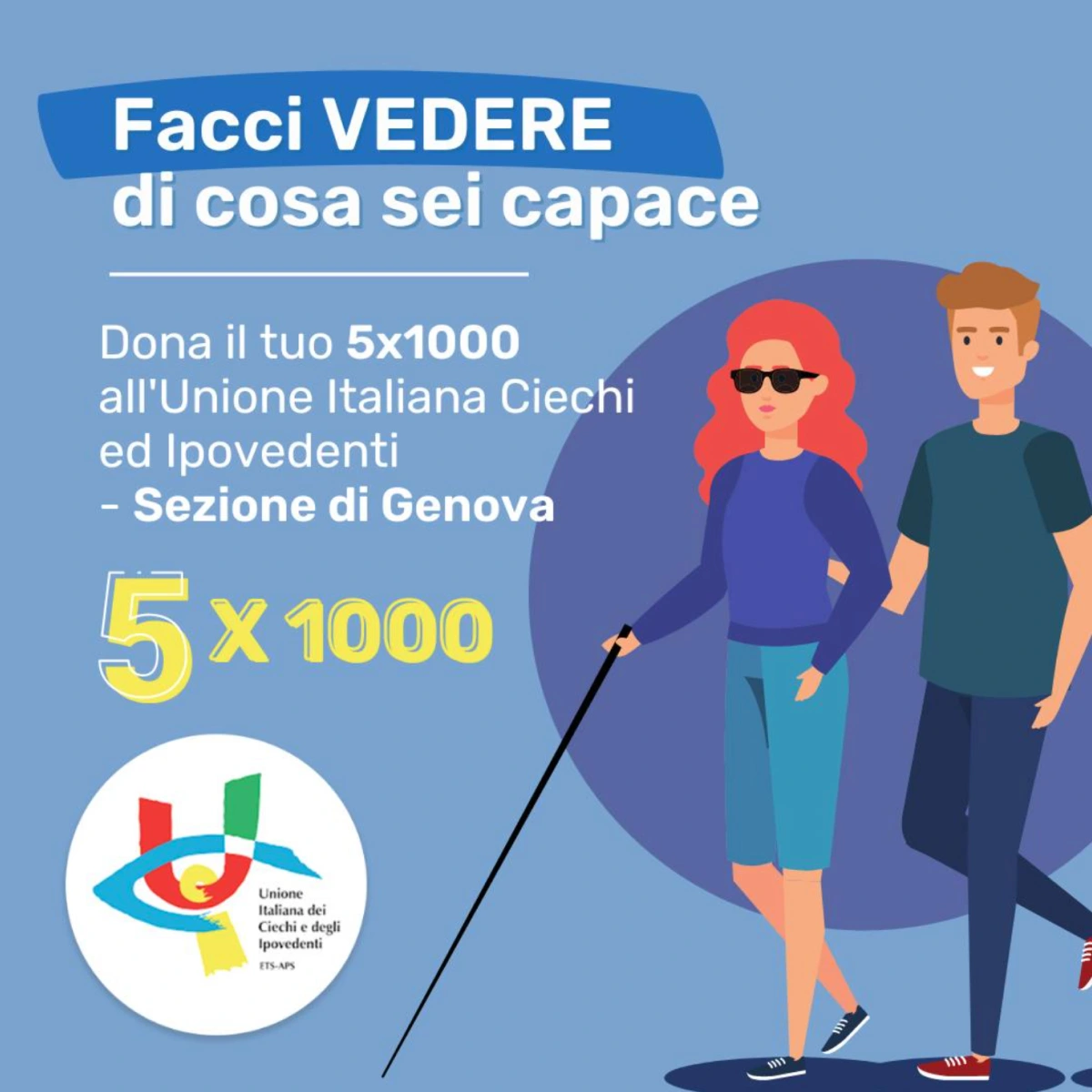 Illustrazione persona cieca con accompagnatore