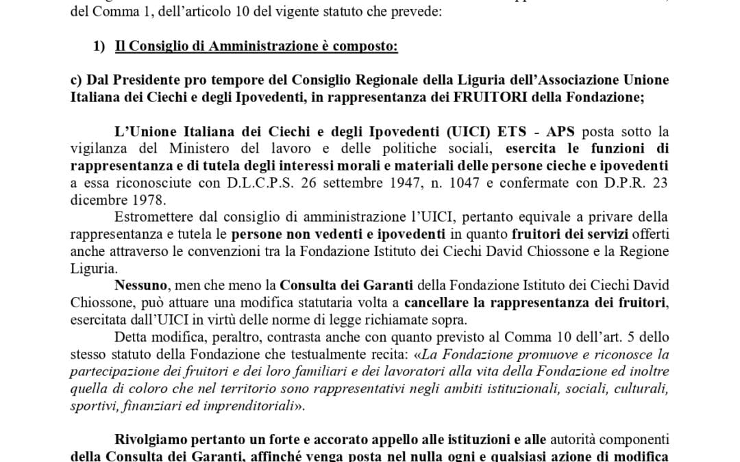 GIU’ LE MANI DALLO STATUTO DELLA FONDAZIONE ISTITUTO DEI CIECHI DAVID CHIOSSONE