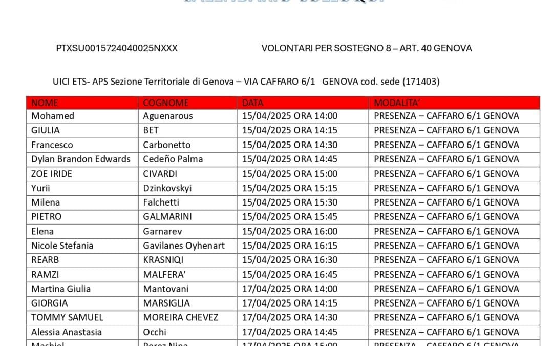SELEZIONE candidati Servizio Civile Universale progetto VOLONTARI PER SOSTEGNO 8 – ART. 40 GENOVA