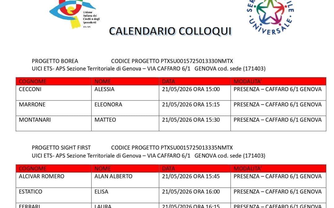 SELEZIONE candidati Servizio Civile Universale progetti BOREA e SIGHT FIRST cod. sede 171403 GENOVA